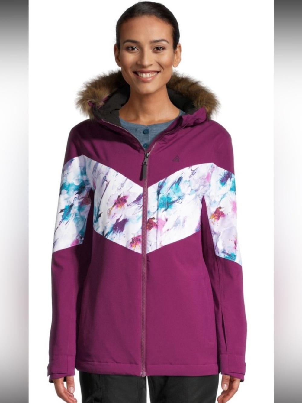 Ripzone Purple Floral Ski Jacket M Insulated Faux Fur Hood Gorpcore Après Ski